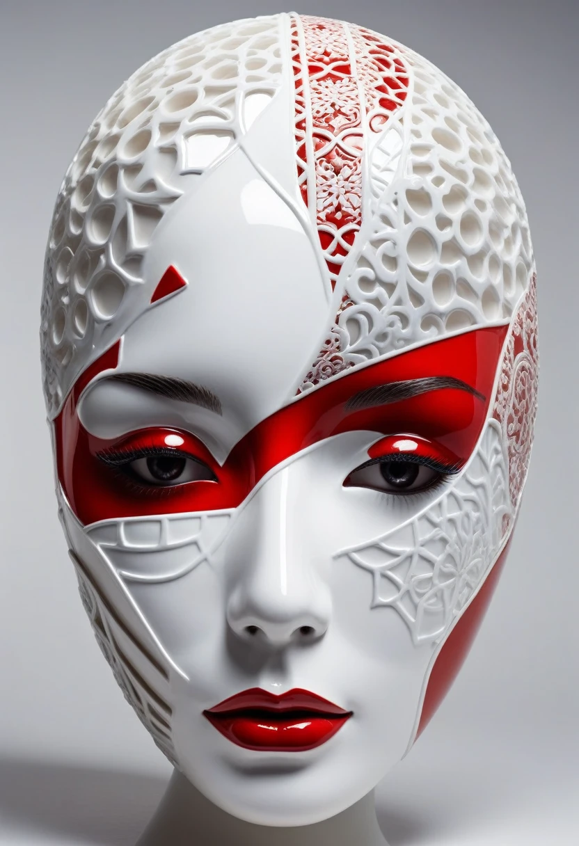 abstract style Close-up porcelain mask, mysterious silhouette of a porcelain woman, white and red porcelain, amazing depth, double exposure, surreal, broken, intricately detailed, perfect balanced, deep fine borders, artistic photorealism, smooth . non-representational, colors and shapes, expression of feelings, imaginative, highly detailed