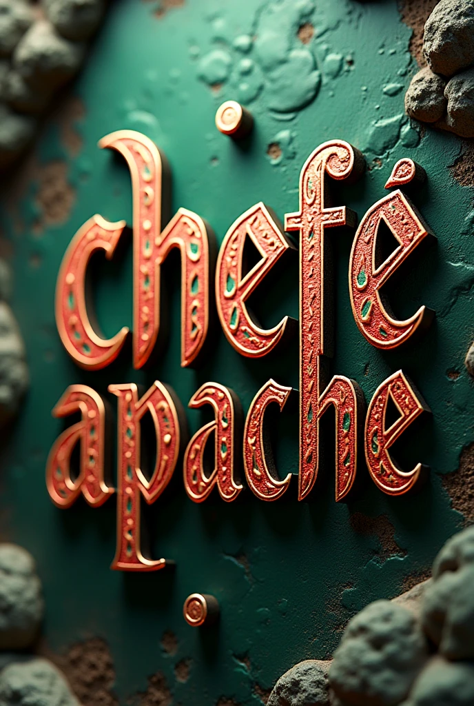 Stunning high quality image, texto Stylized 
"CHEFE APACHE" the text is in custo tribe style letter font Bright metallic green and red text color, 3D illustration rendering