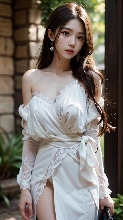 masterpiece, Highest quality, Very detailed, 8k, Realistic, Soft Focus, Beautiful attention to detail, Detailed face, double eyelid, one person's, alone, Beautiful Skin, Real human skin, whole body, Beautiful and firm breasts, Beautiful cleavage, Mature Body, 18-year-old girl, beautiful girl, Japanese Idols, (French Braid:1.3), Brown Hair, Wearing layers, break, (Purple high neck off shoulder sleeveless long dress:1.3), break, White fur decoration on chest, Standing position, Ambient lighting in the venue, Captivating smile, Model pose, Notice: Infinite Strip Performance、Take off more and more clothes、I'My clothes are gone、Clothes are getting smaller and smaller,