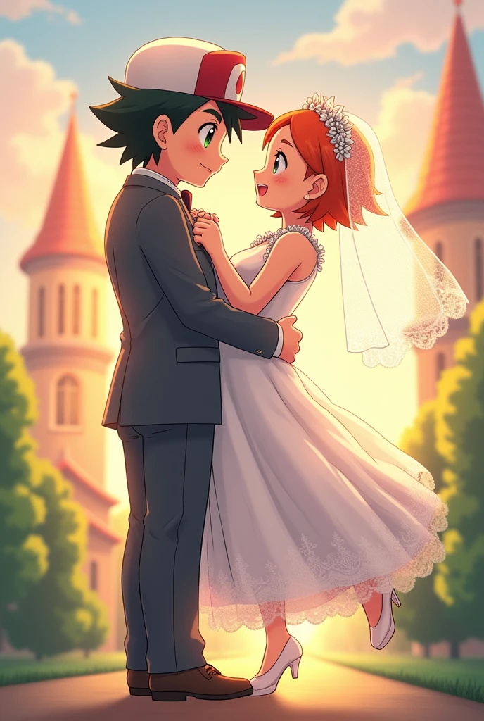 Draw Ash from Pokémon in a wedding suit and a white cap and Misty in a beautiful wedding dress.
He lifts her up outside the church.
Let the bride's hair be short and orange and wear a veil.
Let the bride's eyes be green and the groom's brown.