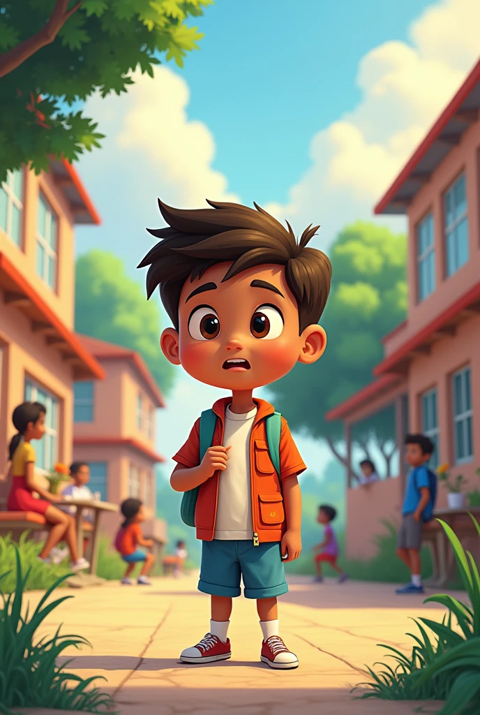 Create animated images of a 's school life from beginning to end, showing good and bad moments among classmates.,
Several images showing this cycle , the boy is light brown