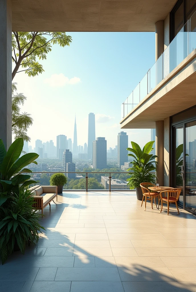 Urban outdoor terrace scene,No chairs, only scenes,lots of brightness