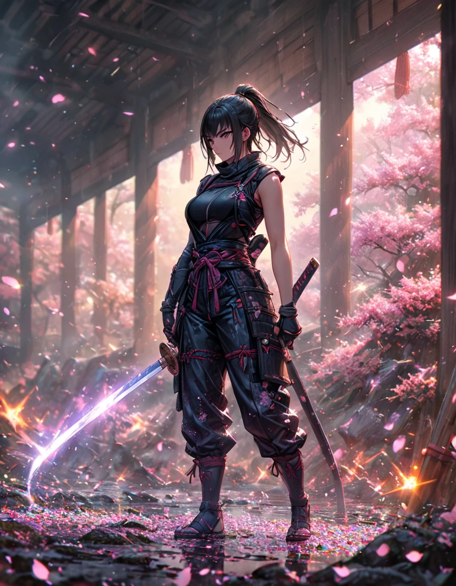 Highest quality, Great quality, 16K, Unbelievably absurd, Very detailed, delicate and dynamic, Natural light, The particles reflect light, Diffuse reflection of light, Many rainbow-colored petals fall, Beautiful studium, Sparkling Sun, Diffuse reflection of light, Create amazing image effects, Cool girl, Serious, passion, Dynamic, A female ninja, full body, ponytail hair, (ninja suit:1.2), (bare arms, bare highs), holding katana, japanese long sword, fantasy, in the battle field