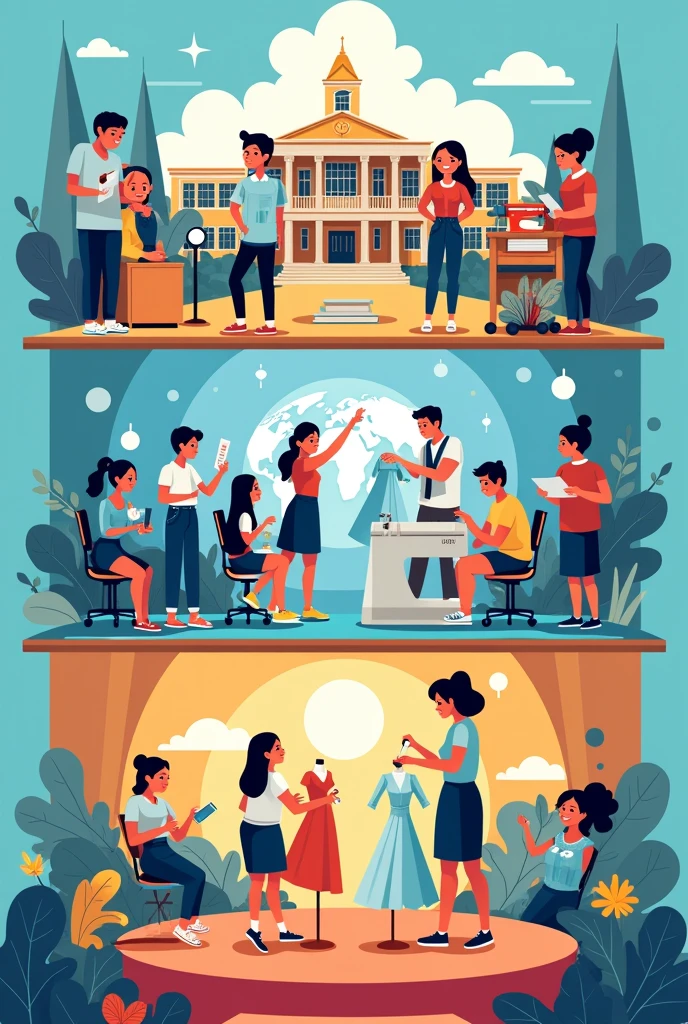 Poster Description:
Top: Illustrate the vision by drawing a large school building representing the university. Surround the building with symbols of leadership, like students in graduation caps holding certificates, and a globe to represent global competitiveness.
Middle: For the mission, draw students working together on garment designs. Show them using sewing machines, sketching outfits, and collaborating with bright ideas, represented by light bulbs or gears, symbolizing innovation.
Bottom: Illustrate the goals by drawing a diverse group of students proudly showing their finished garments on a stage, indicating success and the achievement of their learning goals. The background can have elements like books and a world map to signify education and global impact.