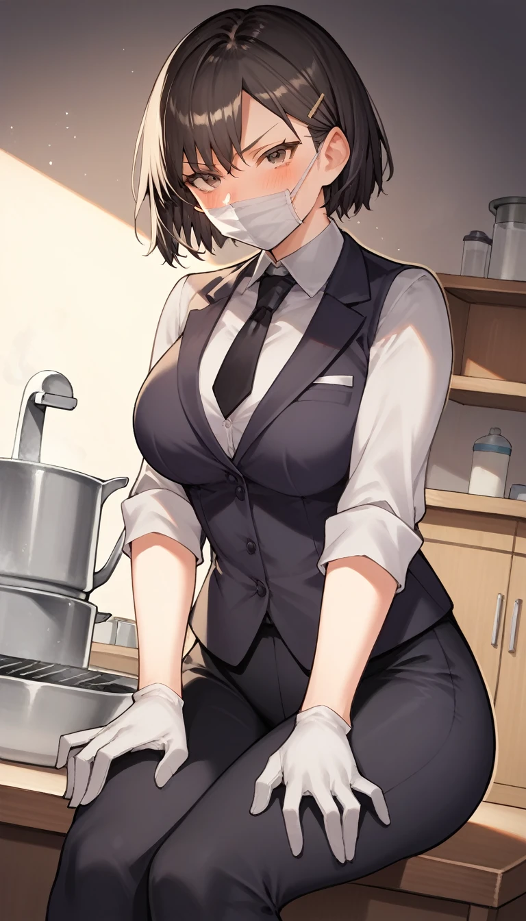 score_9, score_8_up, score_7_up, source_anime, 1girl, brown eyes, room, wariza, short hair, black hair, blush, looking_at_viewer, Frowning face, serious face, portrait, blazer, starshadowmagician, solo, Adult woman, best perfect anatomy, thin, curvy body, medium breasts, curvy body, Hip Level Shot on person, a woman showing disappointed, lonely woman, a woman sitting in kitchen chair, white shirt, black tie, format black vest, Long-sleeved shirt, black trousers, white gloves, wear a white surgical mask, dynamic angle. no light source, dark background, night days, kitchen hotel background, 