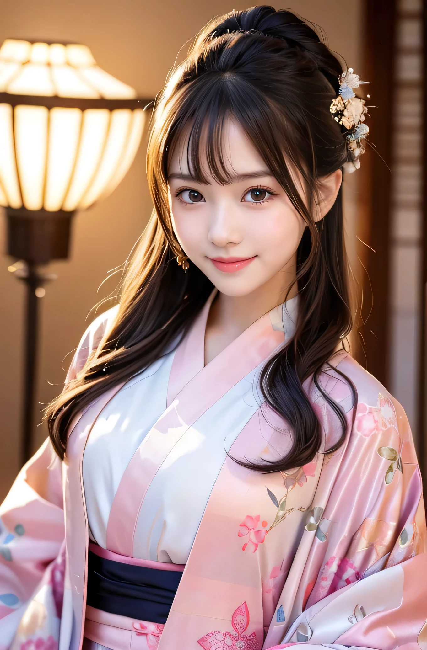 very cute girl, super cute face,clear attractive eyes, detailed Beautiful eyes,smiling, realistic photograph,gorgeous flamboyantly colored long sleeves kimono,
furisode ,very beautiful kimono,
Costume lighting