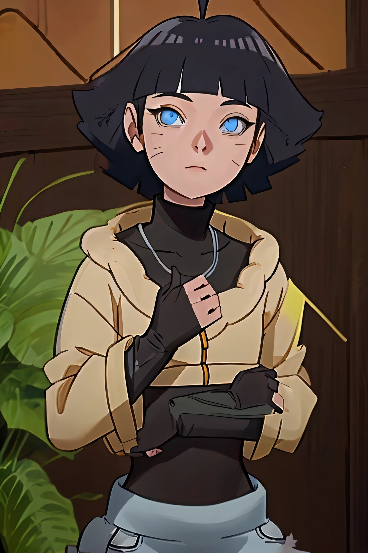 (masterpiece), best quality, expressive eyes, detailed eyes, perfect eyes, perfect face, 

black hair, short hair, bangs, blunt bangs, ahoge, facial mark, blue eyes, himawari uzumaki, (academyhima),

academy jacket, yellow crop top jacket, (rolled-up collar jacket), ((showing collarbones)), 
black zentai, full bodysuit, black turtleneck, (black leggings), arm warmers, 
shinobi-shorts, leg-holster, shinobi-sandals