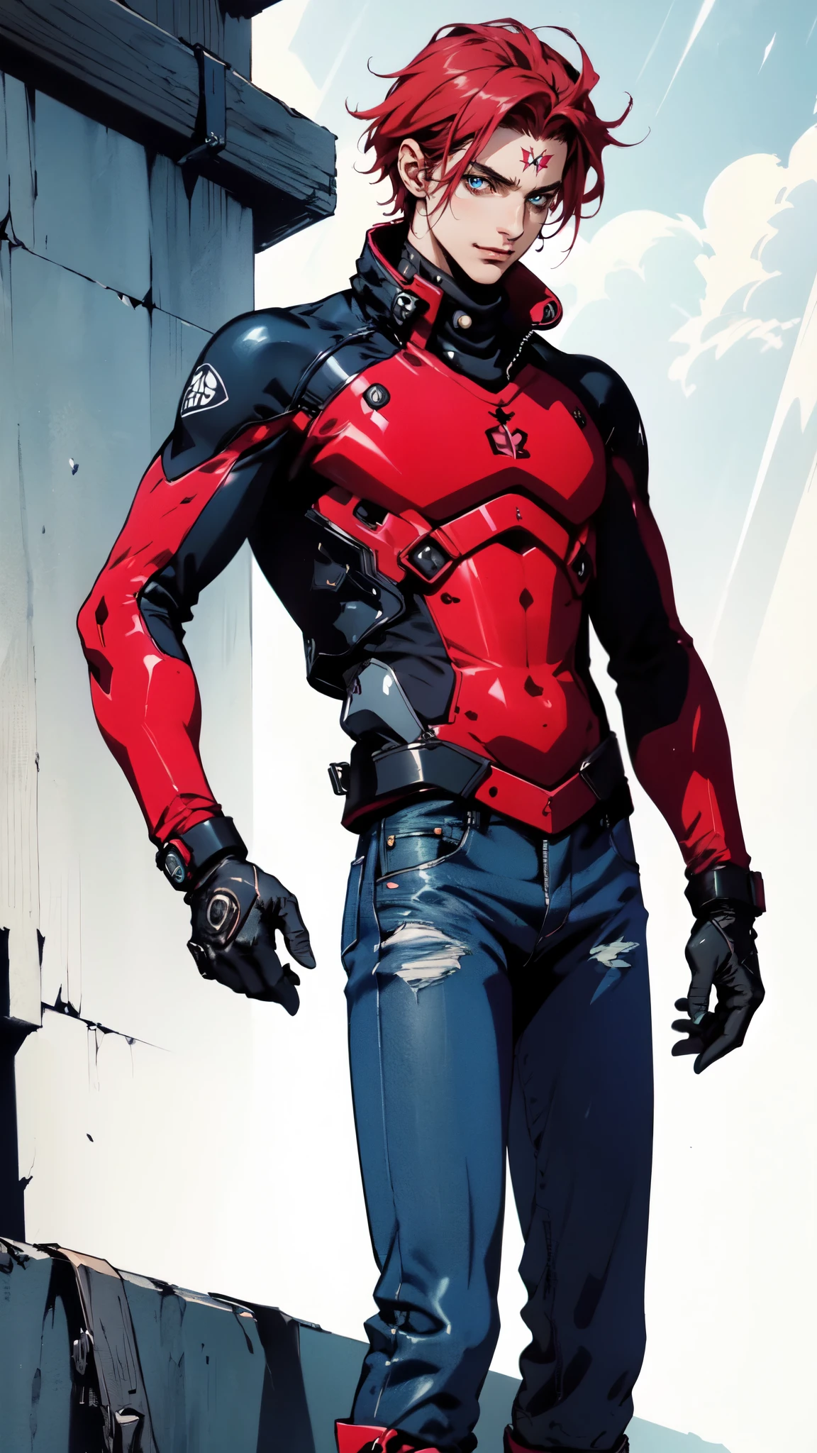 (masterpiece:1.2, best quality:1.2, extremely delicate:1.2), ((male:1.5)), a young man with messy red hair, a leather strap tied around his forehead, a handsome face, bright eyes, a rebellious smile, a slender build, a futuristic fantasy-style black and white leather jacket, dark jeans, hiking boots, he is making an exaggerated leap above the city, this character embodies a finely crafted futuristic fantasy-style rogue in anime style, exquisite and mature manga art style, dramatic, high definition, highres, ultra-detailed, ultra-fine painting, professional, perfect body proportions, golden ratio, anatomically correct, symmetrical face, extremely detailed eyes and face, high quality eyes, creativity, RAW photo, UHD, 32k, Natural light, cinematic lighting, (masterpiece-anatomy-perfect:1.2)