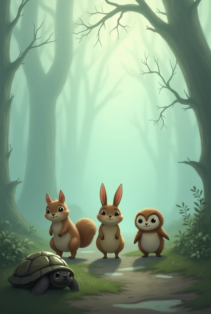 Friends  squirrel , rabbit and owl y  turtle moving carefully through the thick fog. u v 