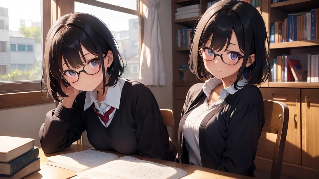 ​masterpiece, top-quality, High-quality images, high resolution, 8K, 1 student, solo, detailed, Detailed eye depiction, skin gloss, school uniform, large breast, Lustrous hair, Black short-haired, disheveled hair, Round glasses, Narrow old room, many bookshelves, studying, shy expression, blushing heavily, sitting at table, looking at viewer