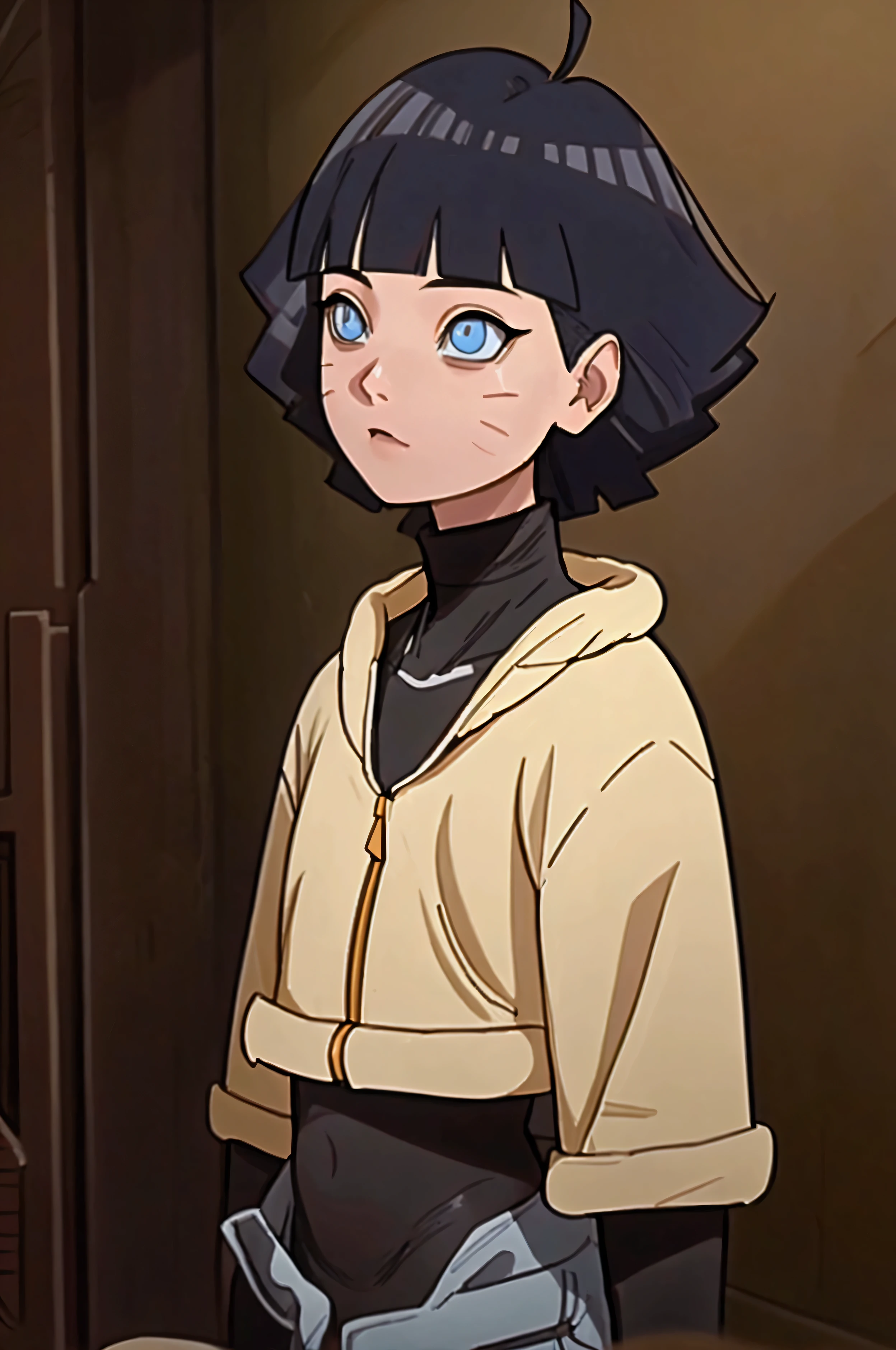 (masterpiece), best quality, expressive eyes, detailed eyes, perfect eyes, perfect face, 

black hair, short hair, bangs, blunt bangs, ahoge, facial mark, blue eyes, himawari uzumaki, (academyhima),

academy jacket, yellow crop top jacket, (rolled-up collar jacket), ((showing collarbones)), 
black zentai, full bodysuit, black turtleneck, (black leggings), arm warmers, 
shinobi-shorts, leg-holster, shinobi-sandals