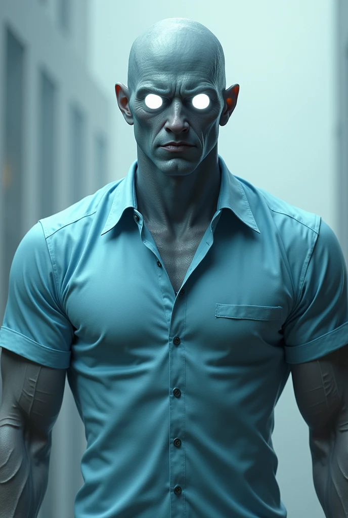 Steve Minecraft , with completely white eyes and a muscular body , with a light blue shirt 
