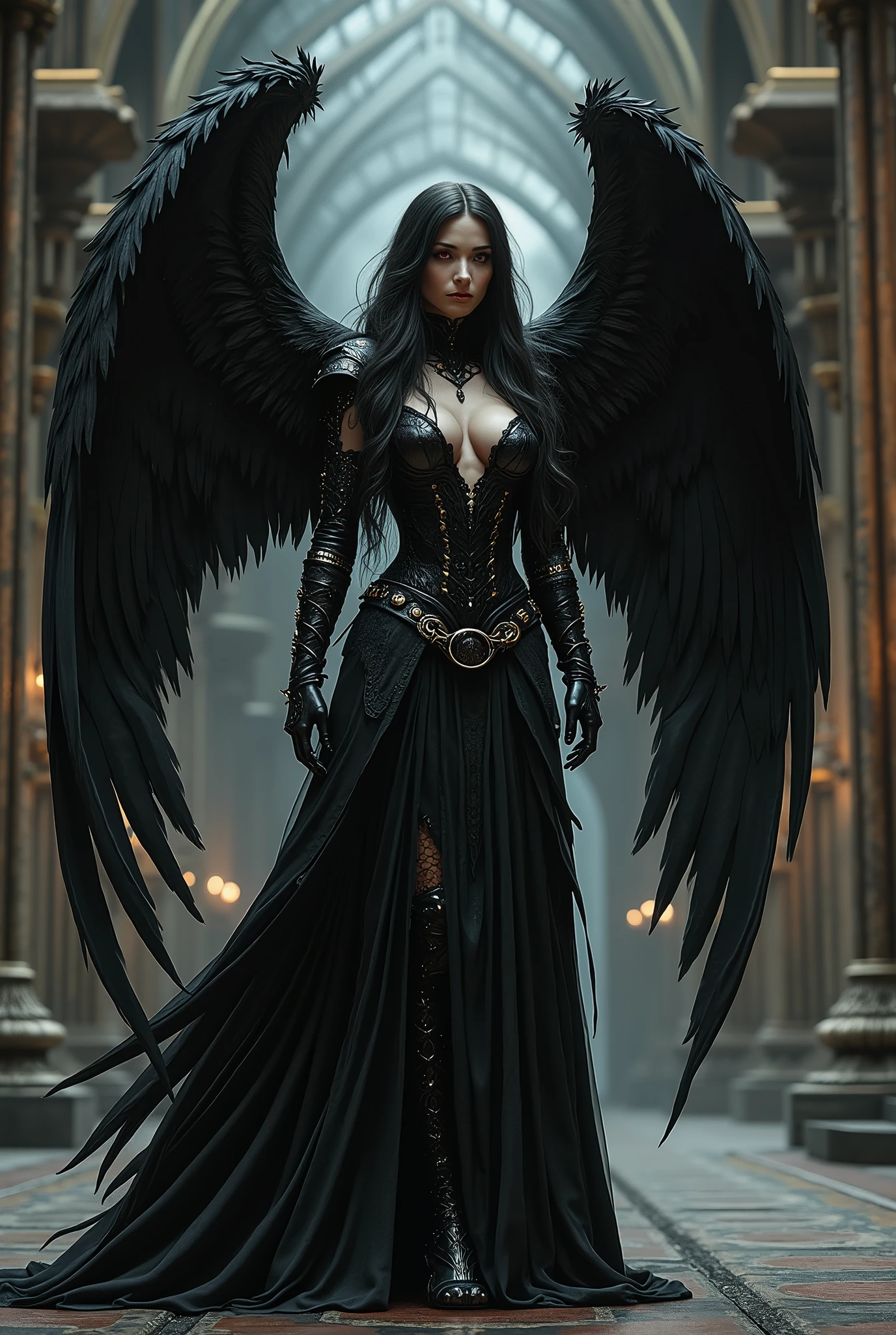 a woman with black wings and a crown on her head, digital art by Shen Zhou, cgsociety contest winner, gothic art, villainess has black angel wings, dark angel, angel knight gothic girl, as a mystical valkyrie, dark fantasy style, raven winged female vampire, angel with black wings, dark feathered wings, gothic fantasy art, black wings, 1girl, Solo, High Resolution, Long Hair, Looking at viewer, full body, Feet Out Of Frame, Masterpiece, Best Quality, Anatomically Correct, Lens Flare, Backlighting,