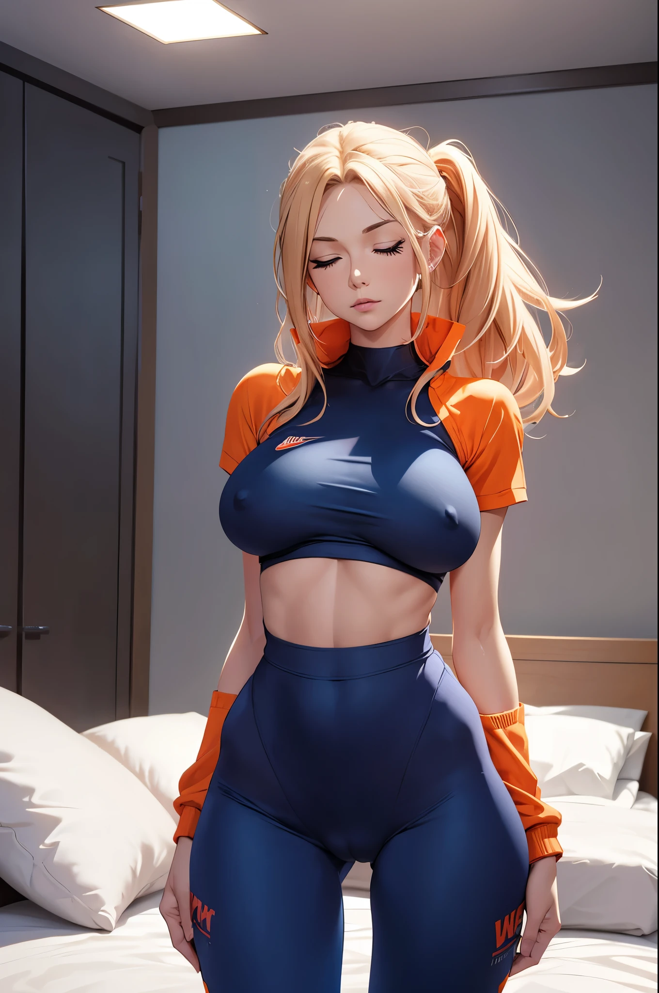 1 , hair red, blonder woman, blue colored eyes, Nike orange legging pants, closed eyes, orgasm, big-ass, big boobies,cameltoe, deep inside the room alone, Realistic detailed HD, 3d, sexly, perfectbody, nipple, on top of the bed, fully body, little clothing, huge boobies, nipple,, fully body de frente, legs spread open.