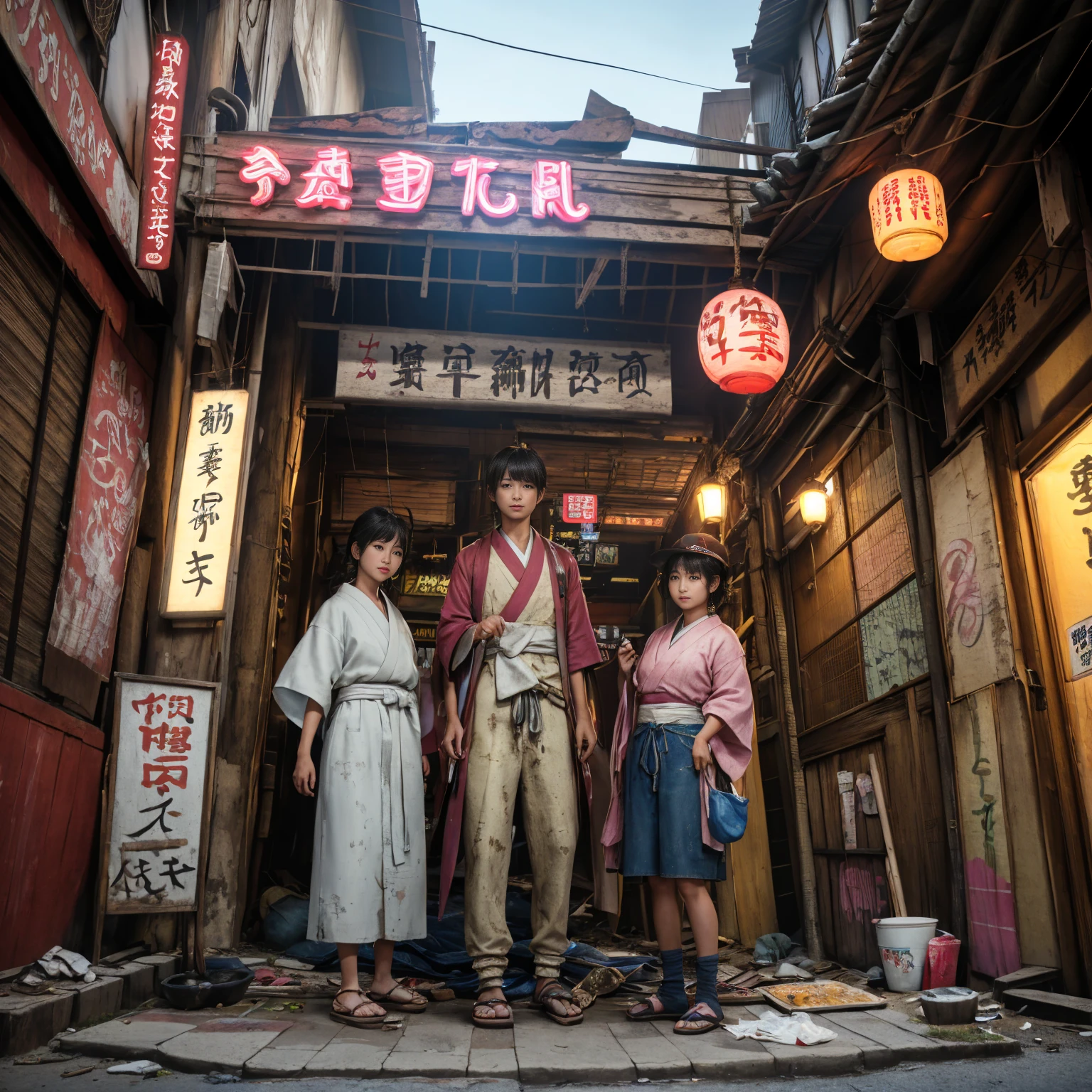 ((masterpiece、Highest quality))、Beautiful girls gather.、Three girls in summer clothes、(Showa Retro:1.2)、(Detailed and cute face:1.3)、(Poor conditions、Japan's poor neighborhoods、Dim and unsanitary、Standing Bar、みんなで楽しくdiet、Crumbling underground shopping mall:1.3)、屋台のdiet店、stage、sewage、Dirty shop、street vendors、Unsanitary and abandoned city、smile、diet、Poor person々