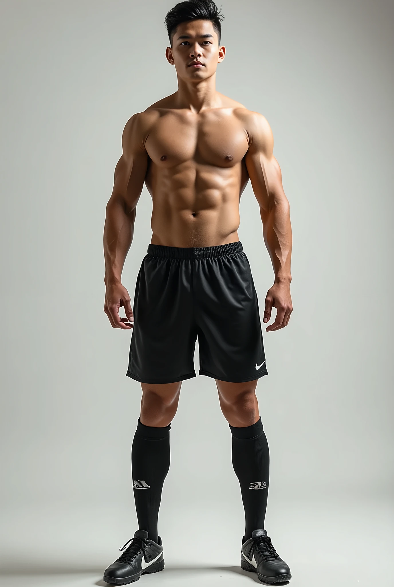 High school boy, soccer player, skinny, six-pack, Thai, high resolution, soccer socks, soccer shoes