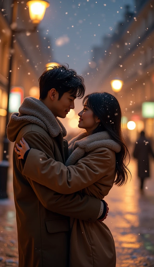 Tanned japanese handsome man holds a tanned japanese woman, both wearing warm winter outfit in soft colors, they both looking at camera soft smile, and the woman lay her head on his chest looking at camera, under the streetlight in paris sidewalk, snows fall from sky at night, focus on couples, bokeh, full body shot, ultimate photorealistic