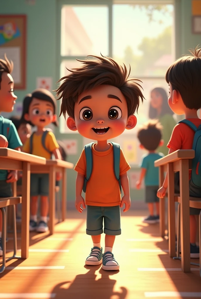 Create animated images of a child&#39;s school life from beginning to end, showing good and bad moments among classmates.,
Several images showing this cycle , the boy is light brown ( ARTAS IMAGES )