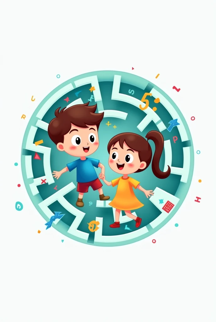 A logo of a boy and a girl who are inside a maze and to get out they must use mathematical thinking from preschool topics where they must find the exit and have the name PLIM in large letters
