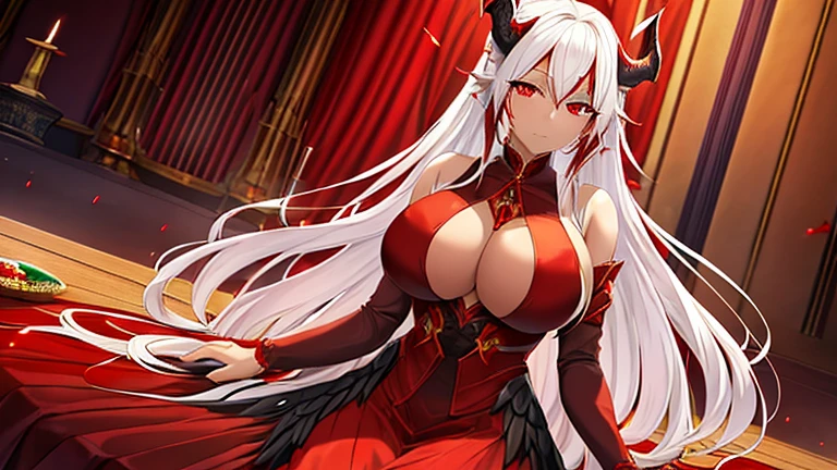 Gorgeous Anime Demon Queen with brown skin, long white hair and scarlet red eyes, a par of black wings and red horns big breasts, Using a Fancy Queen red and black dress, on a altar, only one character
