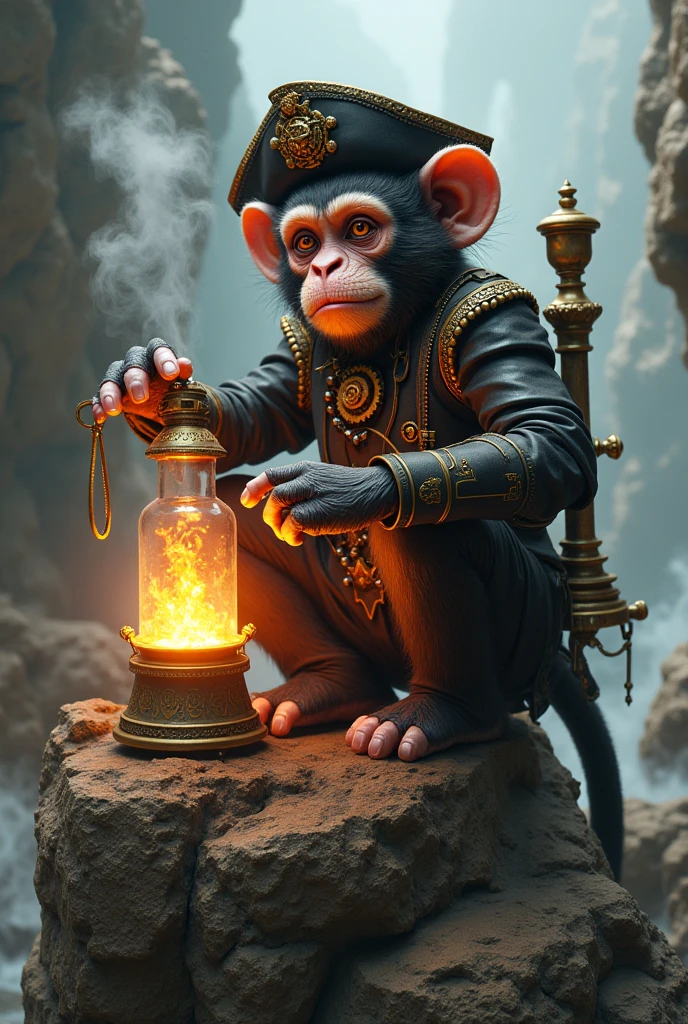 there is a monkey sitting on a rock with fire around it african steampunk alchemist, Jean-Baptiste Monge, Jean-Baptiste Monge, Inspired by Jean-Baptiste Monge, by Cynthia Sheppard, Adorned Piracy, inspired by Cynthia Sheppard, Inspired by Daniel Merriam, detailed steampunk illustration, michael horse (unreal engine, furry fantasy art