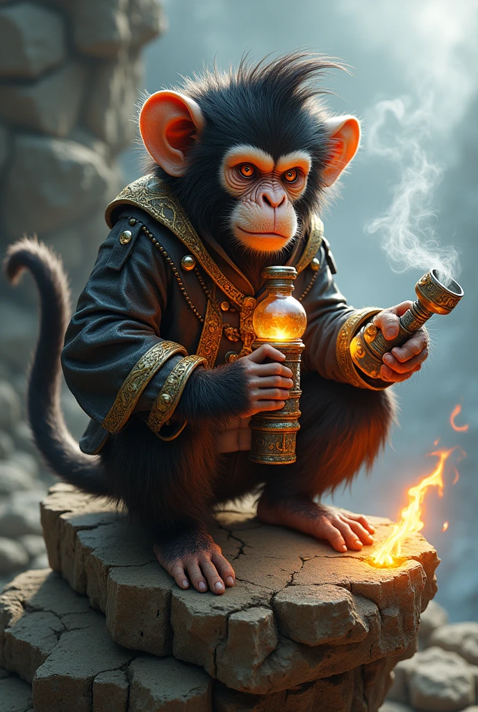there is a monkey sitting on a rock with fire around it african steampunk alchemist, Jean-Baptiste Monge, Jean-Baptiste Monge, Inspired by Jean-Baptiste Monge, by Cynthia Sheppard, Adorned Piracy, inspired by Cynthia Sheppard, Inspired by Daniel Merriam, detailed steampunk illustration, michael horse (unreal engine, furry fantasy art