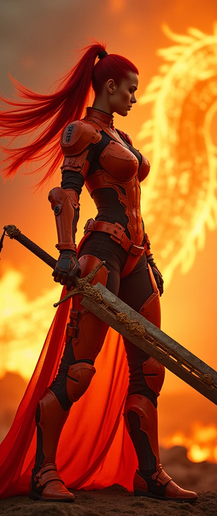 In a cinematic Cowboy Shot framing, a majestic woman dons armored core-style ninja robot flame red and orange armor, her bright red hair flowing like flames in a long ponytail down her back. Against the fiery backdrop of a red battlefield, where a translucent dragon crafted from summoned flames takes shape. She stands poised, grasping a massive sword with both hands, ready for battle. Her cyberpunk-tinged armor glows with electronic vitality, while her detailed face and body radiate a sense of intensity. Hair blown back by the wind, she embodies the essence of a Flame Ninja, prepared to unleash a dynamic display of combat prowess, complete with flashy special move effects that illuminate the smoldering landscape.