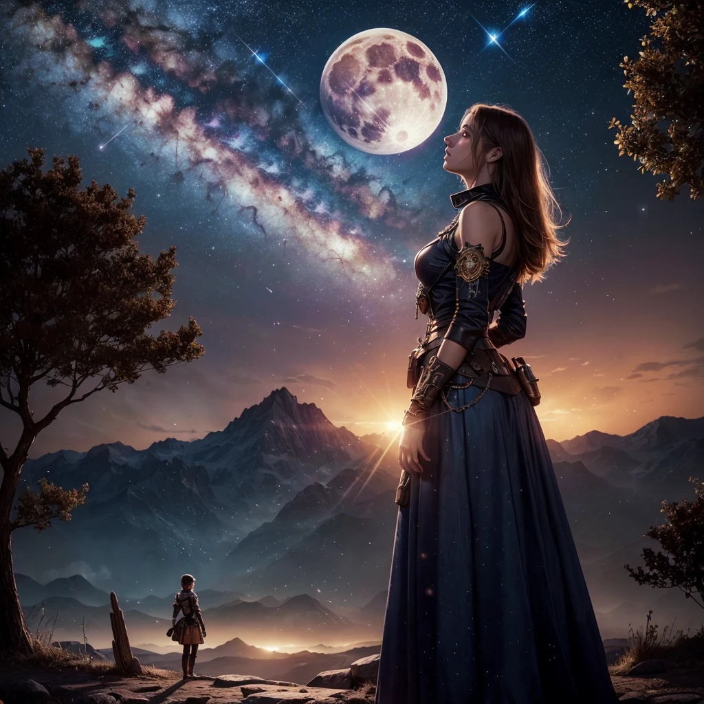 a girl standing in a vast desert landscape, looking up at the night sky with a full moon, shooting stars, and a distant nebula in the background. In the foreground, there is a tree break with a warm light source and fireflies, creating a dreamy, steampunk-inspired atmosphere. The scene is highly detailed, with intricate volumetric lighting, colorful details, and a dynamic composition. The overall tone is warm, with red and blue hues, creating a sense of solitude and wonder. (best quality, 4k, ultra-detailed, masterpiece, photorealistic, highly detailed, dynamic composition, warm light source, firefly, full moon, shooting star, nebula, distant mountain, tree break, volumetric lighting, red, blue, colorful details, glowing lighting, atmospheric lighting, dreamy, steampunk, alone)