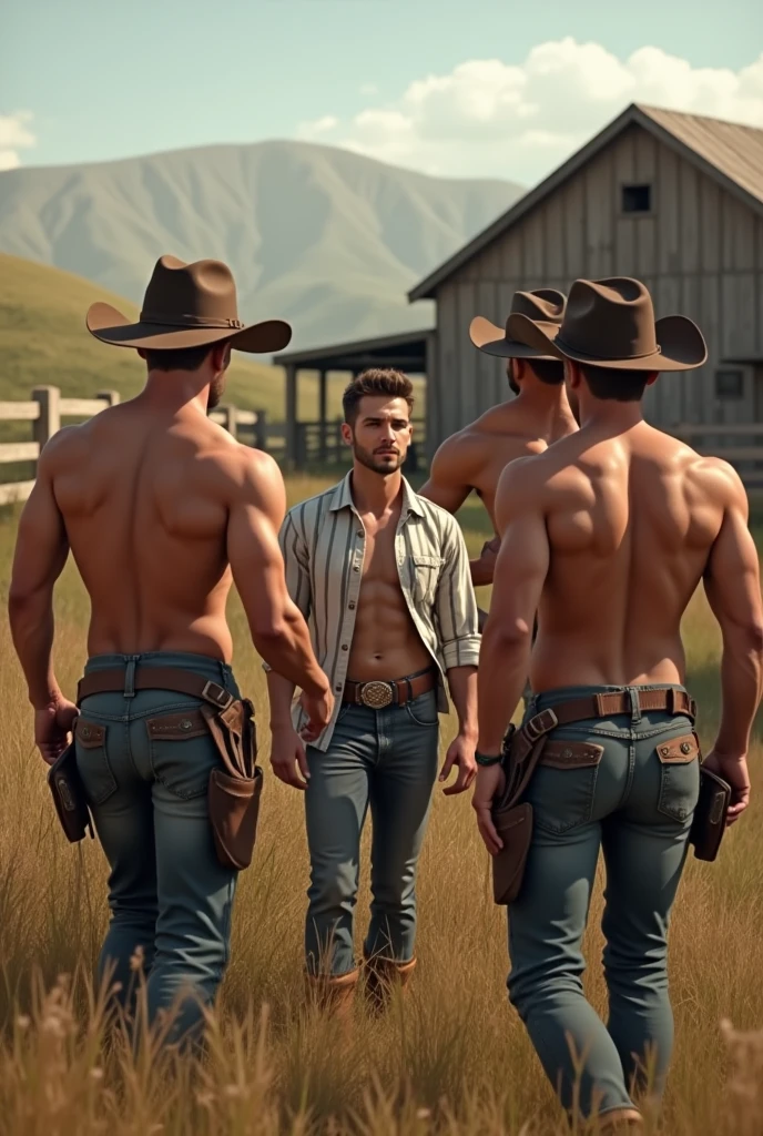 5 cowboy men working on a horse farm, some shirtless and another wearing a striped shirt and a cute, handsome, flirtatious young gay boy with them, the others want to seduce him