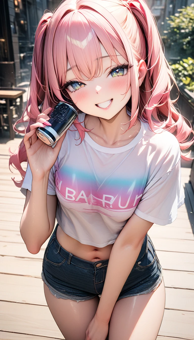 ((最high quality, 8k, masterpiece)), High resolution、（high quality: 1.5）、Very detailed、Detailed face、Bright colors、Natural light、Fine grain、Colorful eyes、Beautiful Face、Highly detailed face texture of a woman,masterpiece, 最high quality, Detailed and beautiful eyes,最high quality、Best image quality、masterpiece,girl,smile,From below,grin,(Brat),Pink Hair,Cute clothes,Printed shirt,Shorts,Just beautiful,masterpiece,(laugh at),最high quality、so beautiful,High resolution,1girl, solo,(masterpiece:1.2)、(最high quality:1.2)、Latest Glossy Skin