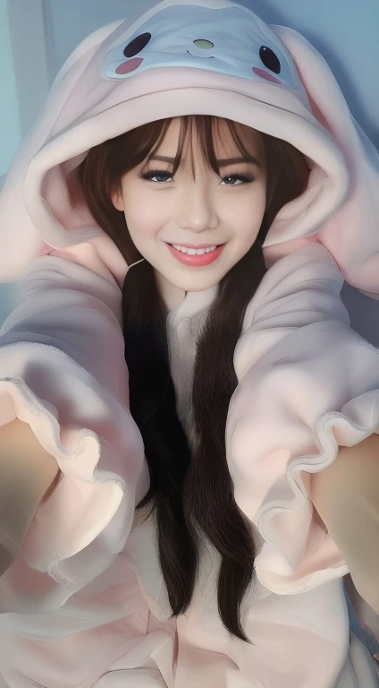 araffe in a pink and white animal costume is smiling, kawaii realistic portrait, realistic cute girl painting, artwork in the style of guweiz, fanart, cute digital art, lovely smile, ! dream artgerm, adorable digital painting, guweiz, traditional art, ruan cute vtuber, artgerm and atey ghailan