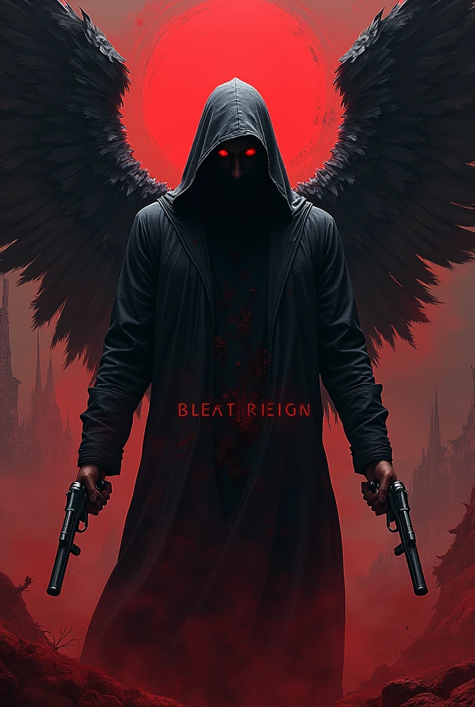 Black hooded man, mysterious, red eyes, bloody angel halo above head, black angel wings, bloody background, holding two pistols, word “Black Reign” in large text below it, hyper realism, logo