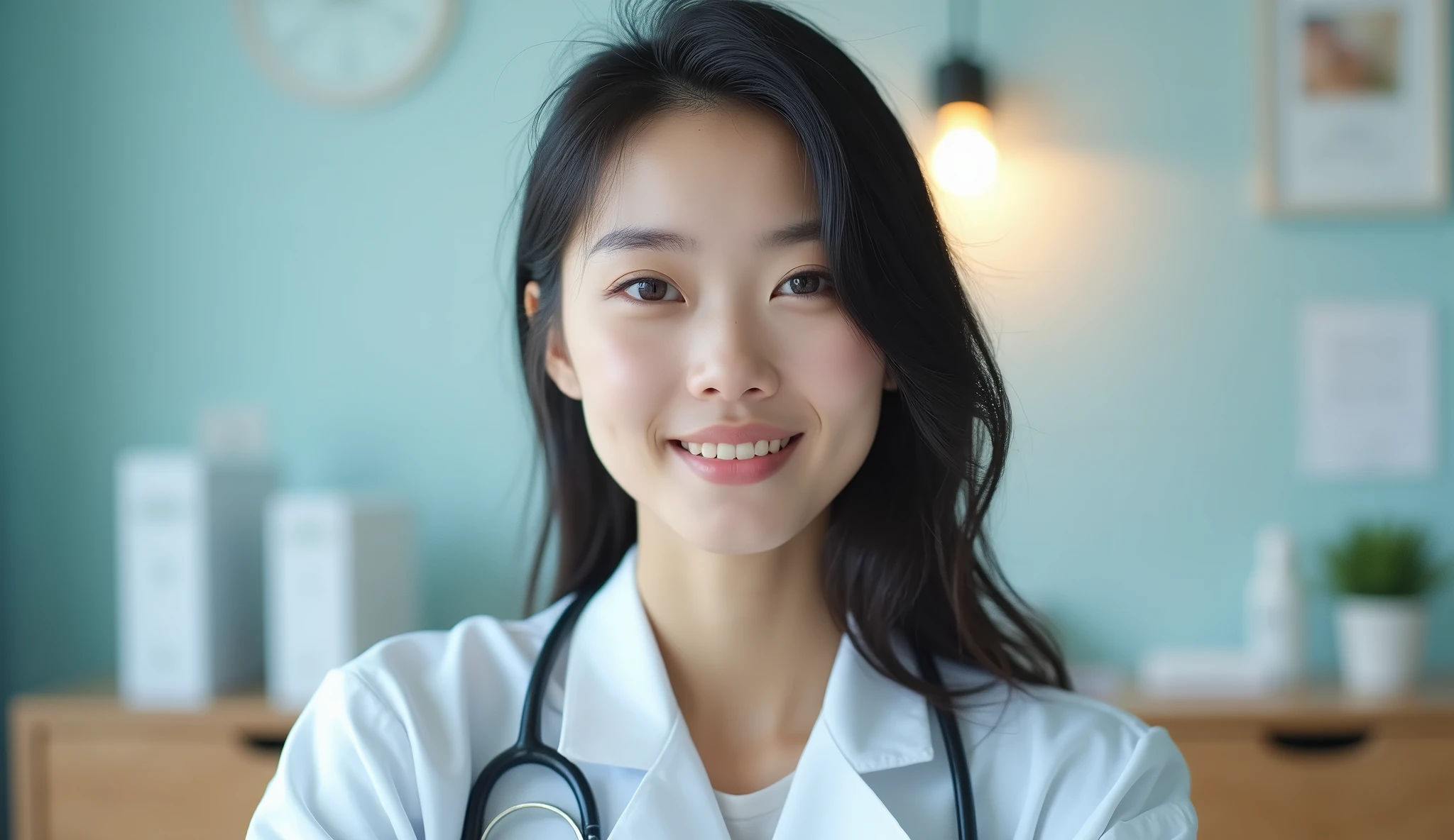 Full-body photo of a beautiful young Asian woman with fair skin and delicate face posing for a photo with a desk and a doctor's office as a backdrop. She is wearing a white doctor's coat with a stethoscope draped over her shoulders. Her dark hair is scattered down over her shoulders, highlighting her eyes that stare straight at the viewer in the middle. The overall feeling is innocence, and the light is soft and diffused, very realistic, the picture is perfect.