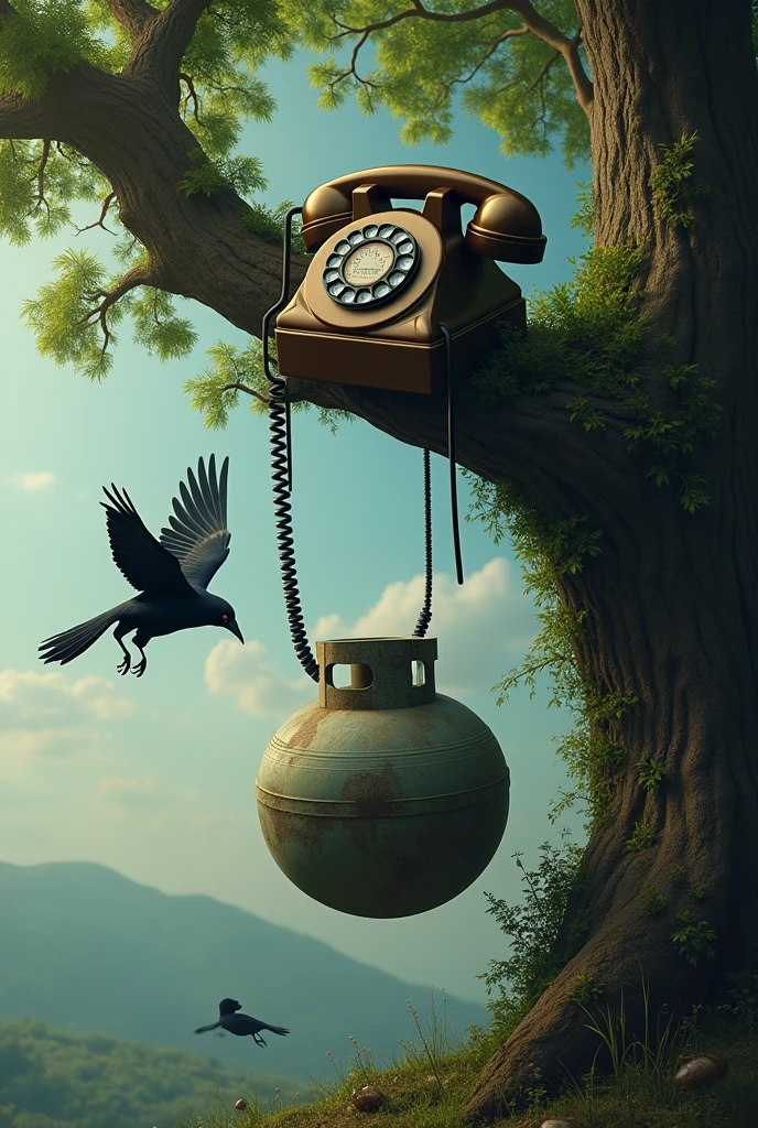 A telephone ringing on tree. A gas cylinder is under the tree. Two crows flying from tree.