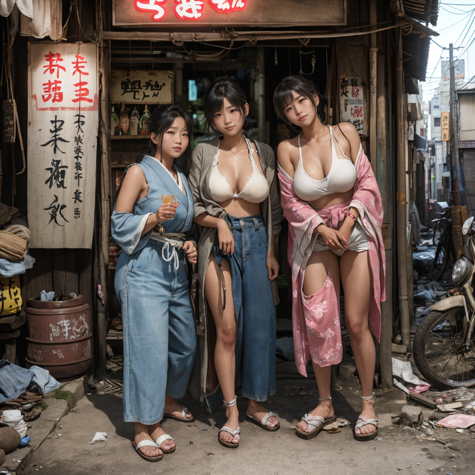 
((masterpiece、Highest quality))、Beautiful girls gather.、Three girls in summer clothes、(Showa Retro:1.2)、(Detailed and cute face:1.3)、(Poor conditions、Japan's poor neighborhoods、Dim and unsanitary、Standing Bar、みんなで楽しくdiet、Crumbling underground shopping mall:1.3)、屋台のdiet店、stage、sewage、Dirty shop、street vendors、Unsanitary and abandoned city、smile、diet、Poor person々