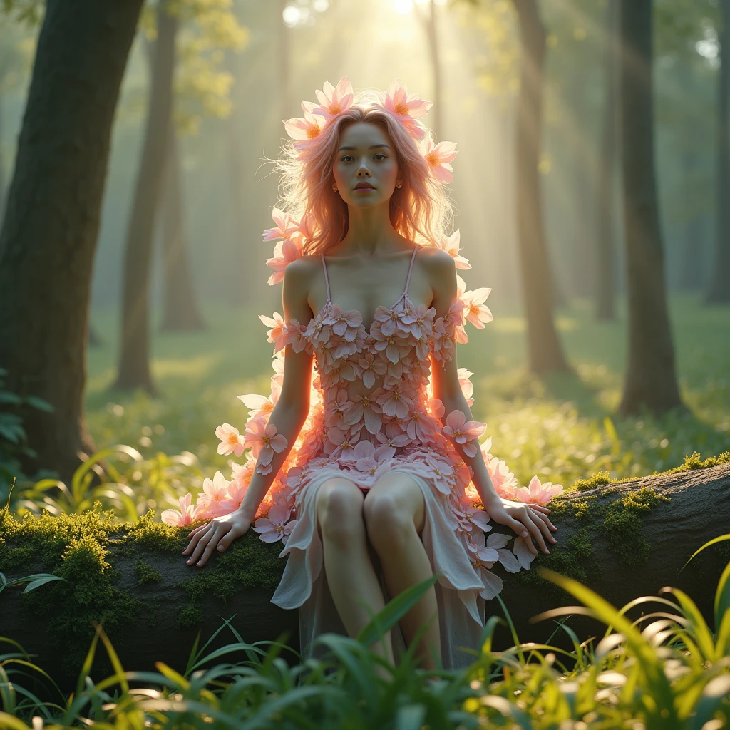 a one woman. Her skin is made of pink flowers. She is sitting on a slimy log. The scene is a forest with spaced trees, that shines beams of sunlight on her skin and the grass on the ground