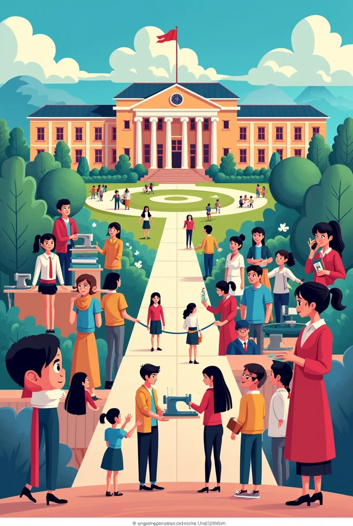 Poster Description:
Top: Illustrate the vision by drawing a large school building representing the university. Surround the building with symbols of leadership, like students in graduation caps holding certificates, and a globe to represent global competitiveness.
Middle: For the mission, draw students working together on garment designs. Show them using sewing machines, sketching outfits, and collaborating with bright ideas, represented by light bulbs or gears, symbolizing innovation.
Bottom: Illustrate the goals by drawing a diverse group of students proudly showing their finished garments on a stage, indicating success and the achievement of their learning goals. The background can have elements like books and a world map to signify education and global impact.