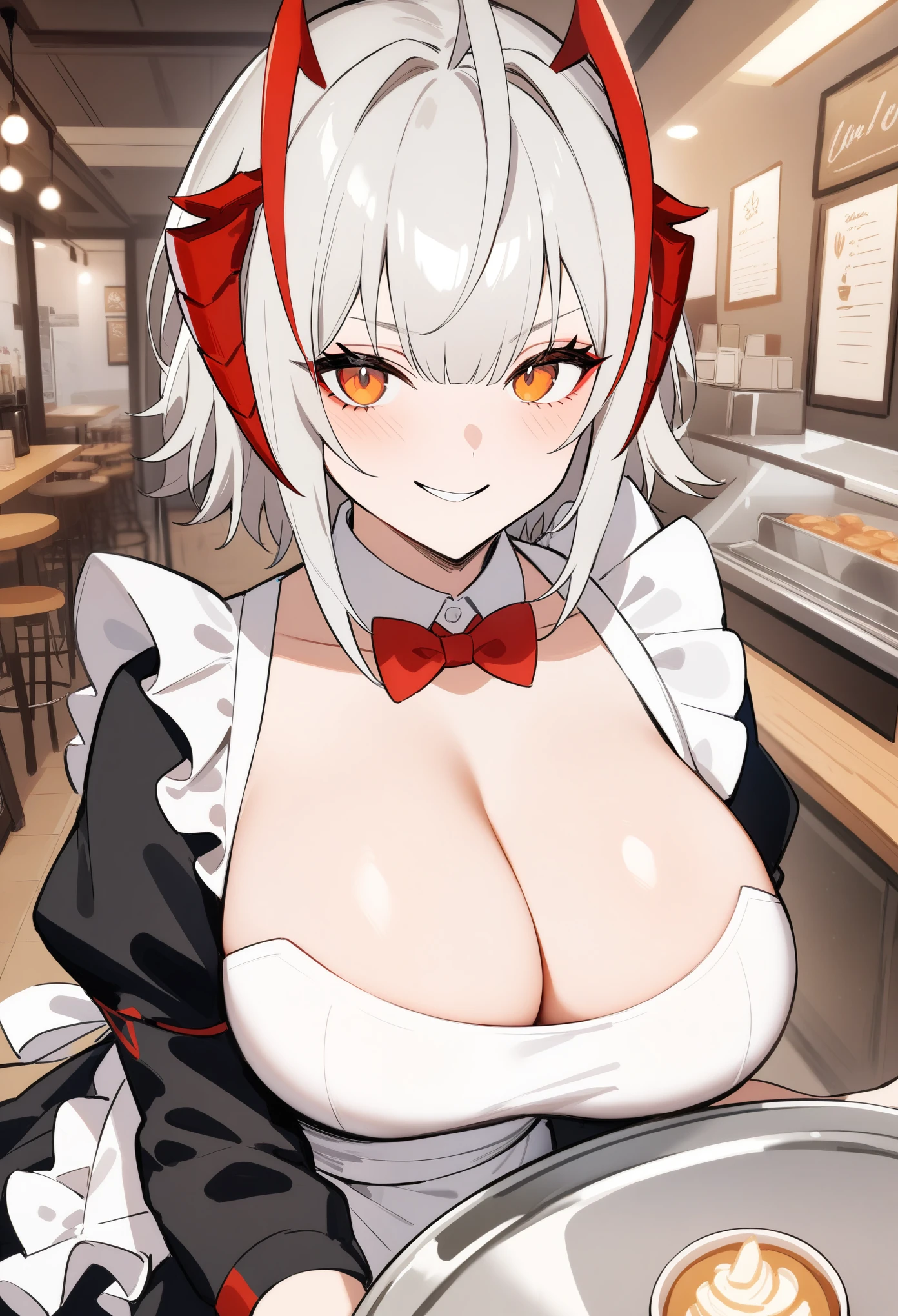 masterpiece, best quality, very aesthetic, absurdres, 1girl, w\(arknights), arknights, solo, looking at viewer, upper body, short hair, bangs, eyebrows, horns, large breasts, cleavage, maid, leaning foward, holding tray, detached collar, smirk, cafe