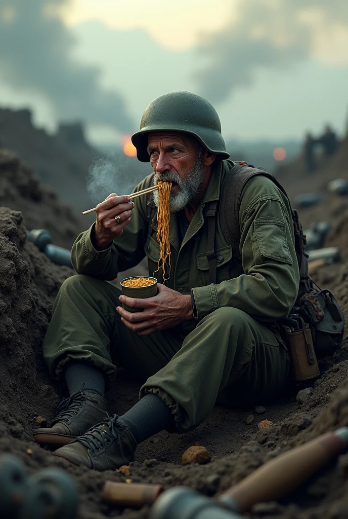 (photorealism:1.2), A battle-worn soldier sits in a trench amidst a war-torn battlefield, casually eating noodles from a tin can with a pair of chopsticks. Smoke billows in the background, bombs exploding in the distance, yet his expression remains serene. The dim light of the early dawn bathes the scene in soft, natural light, highlighting the steam rising from the hot noodles as he takes a bite. Scattered debris and weaponry surround him, creating a surreal juxtaposition of chaos and tranquility.