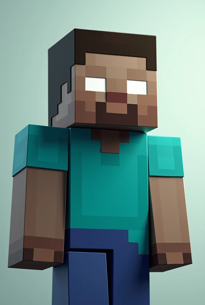 Steve Minecraft , with completely white eyes and a muscular, square body , with a light blue shirt