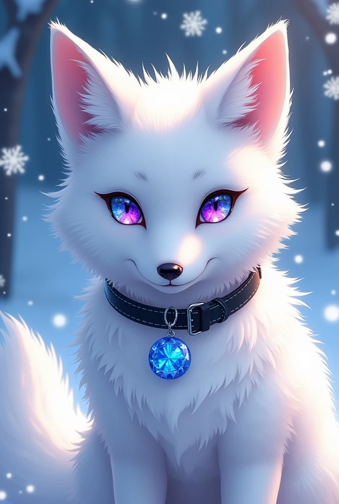 A white fox with blue and purple heterochromia, with a black dog collar with a round blue translucent crystal tag, with anime style snowflakes