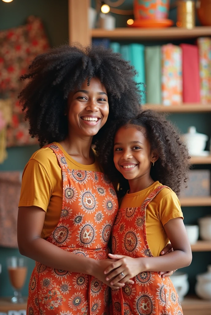 a mother and daughter dressed in matching clothes and matching prints at the mamuska store happily