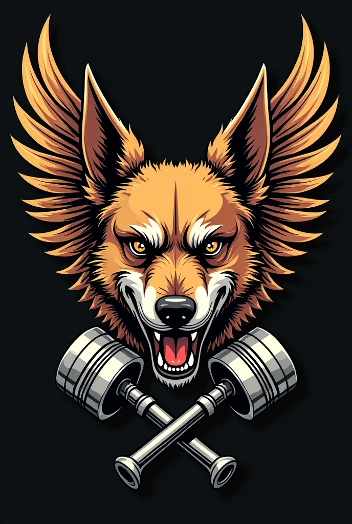 coat of arms for a motorcycle club whose mascot is a caramel-colored mongrel dog with a scar over its eye, with ears pricked up and wide open, with a very angry face, In the coat of arms, the dog only has his face right in the middle, with wings that go up to half the height of his ears and that come out behind him at the line of his eyes and two crossed pistons at the bottom of the coat of arms.