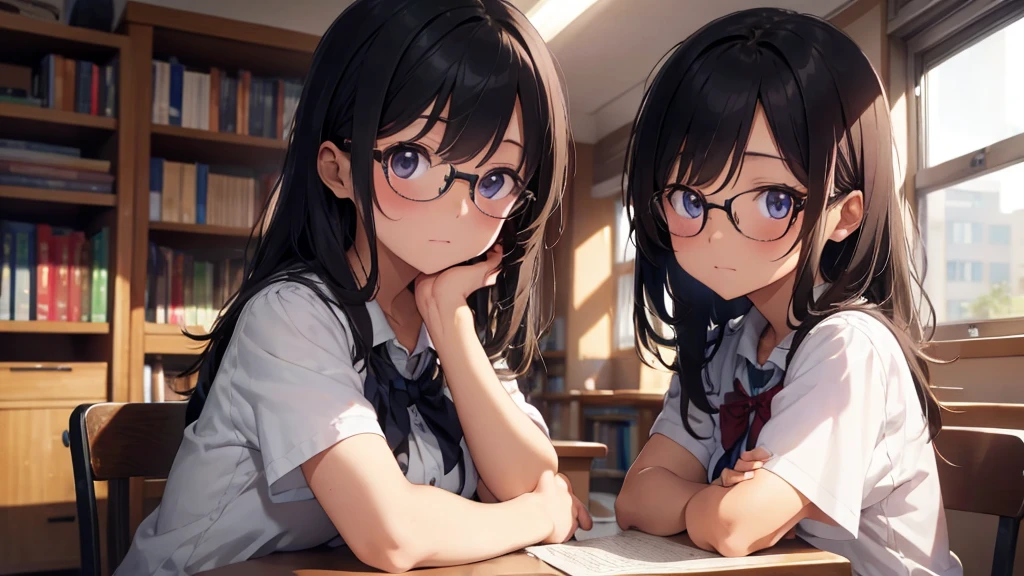 masterpiece, top-quality, High-quality images, high resolution, 8K, 1 student, solo, detailed, Detailed eye depiction, skin gloss, school uniform, large breast, Lustrous hair, Black short-haired, disheveled hair, Round glasses, Narrow old room, many bookshelves, studying, shy expression, blushing heavily, sitting at table, looking at viewer