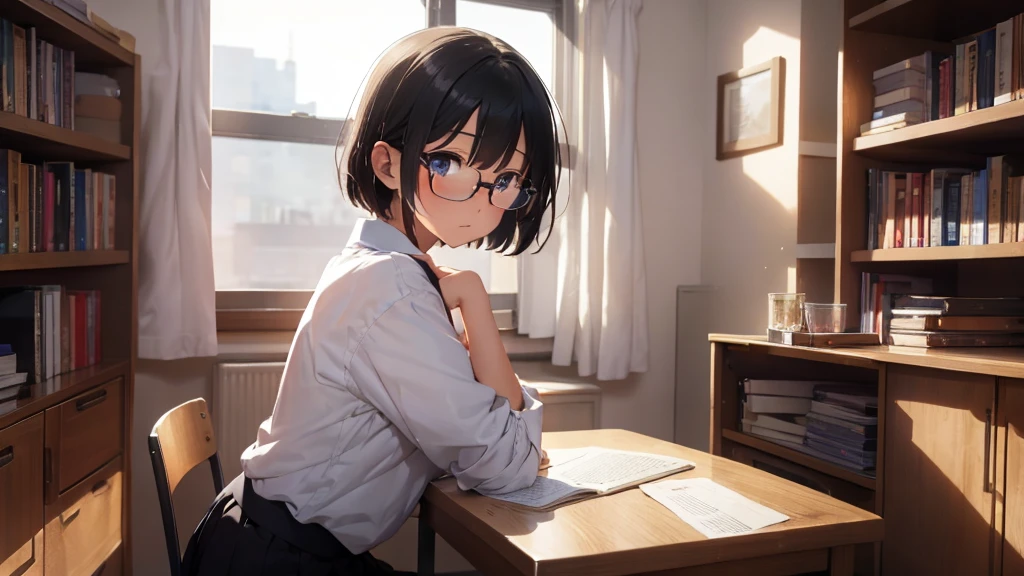 masterpiece, top-quality, High-quality images, high resolution, 8K, 1 student, solo, detailed, Detailed eye depiction, skin gloss, school uniform, large breast, Lustrous hair, Black short-haired, disheveled hair, Round glasses, Narrow old room, many bookshelves, studying, shy expression, blushing heavily, sitting at table, looking at viewer