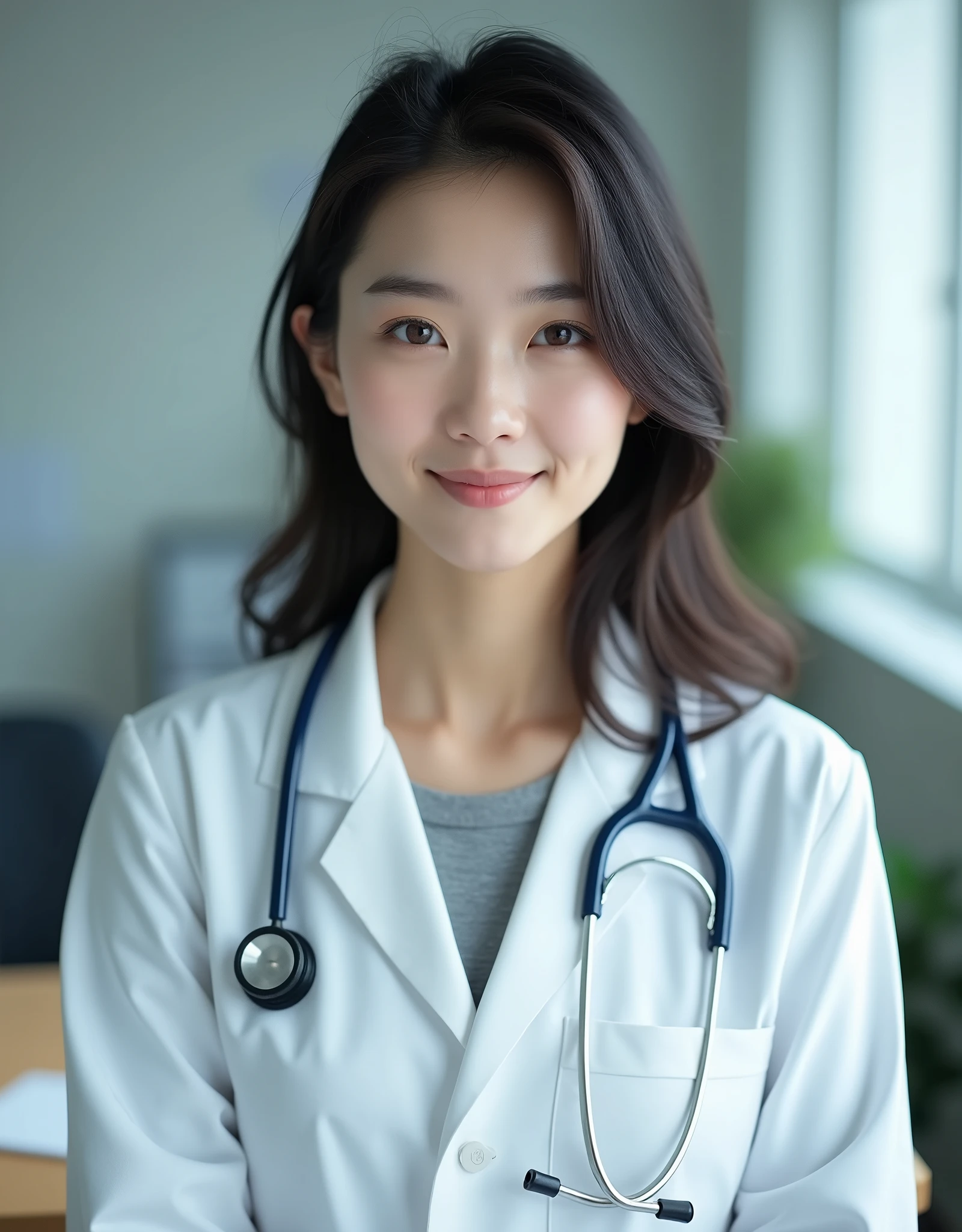 Full-body photo of a beautiful young Asian woman with fair skin and delicate face posing for a photo with a desk and a doctor's office as a backdrop. She is wearing a white doctor's coat with a stethoscope draped over her shoulders. Her dark hair is scattered down over her shoulders, highlighting her eyes that stare straight at the viewer in the middle. The overall feeling is innocence, and the light is soft and diffused, very realistic, the picture is perfect.