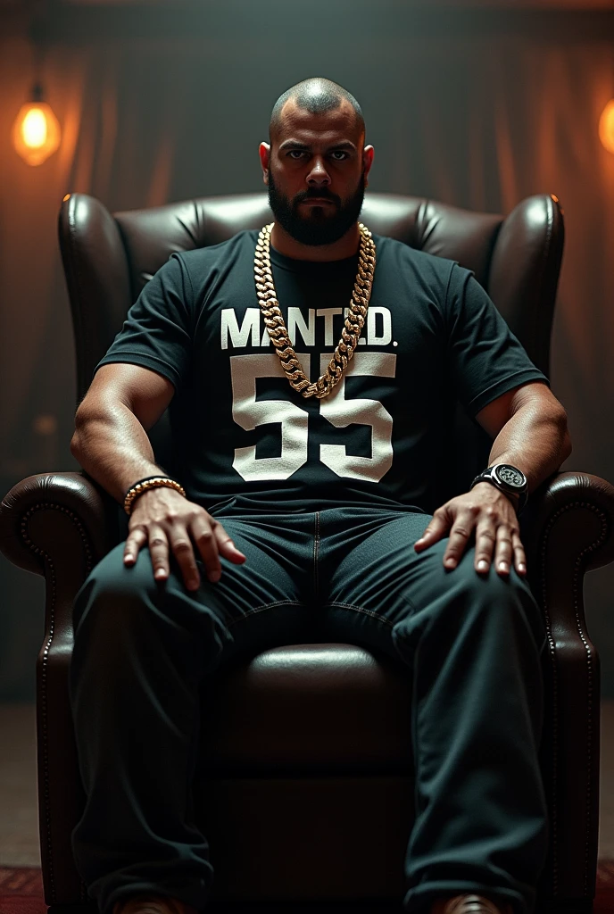 A gang leader sitting on his chair with a golden chain around his neck with a name MANTED-55 printed on his shirt