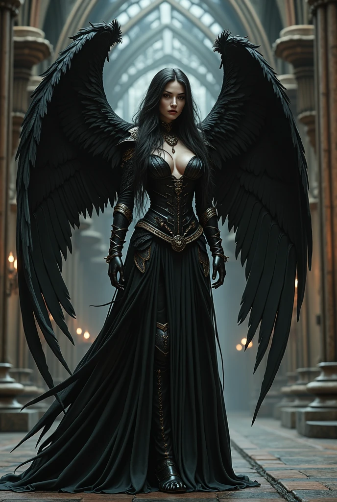 Best Quality Masterpiece A Woman Angel Warrior Gothic Incredibly Beautiful Long Red Eyes Black Hair Black Wings Wearing Black Clothes And Armor Corrupt Angel Woman In An Intricate Cathedral Utra Detailed 8K Extremely Realistic And Detailed