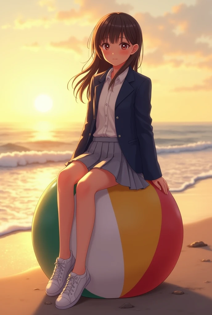 girl in blazer skirt and sneakers sitting on top of a small beach ball, with the beach ball having a smiley face on it.