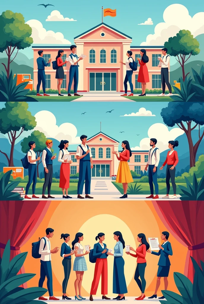 Poster Description:
Top: Illustrate the vision by drawing a large school building representing the university. Surround the building with symbols of leadership, like students in graduation caps holding certificates, and a globe to represent global competitiveness.
  
Middle: For the mission, draw students working together on garment designs. Show them using sewing machines, sketching outfits, and collaborating with bright ideas, represented by light bulbs or gears, symbolizing innovation.

Bottom: Illustrate the goals by drawing a diverse group of students proudly showing their finished garments on a stage, indicating success and the achievement of their learning goals. The background can have elements like books and a world map to signify education and global impact.